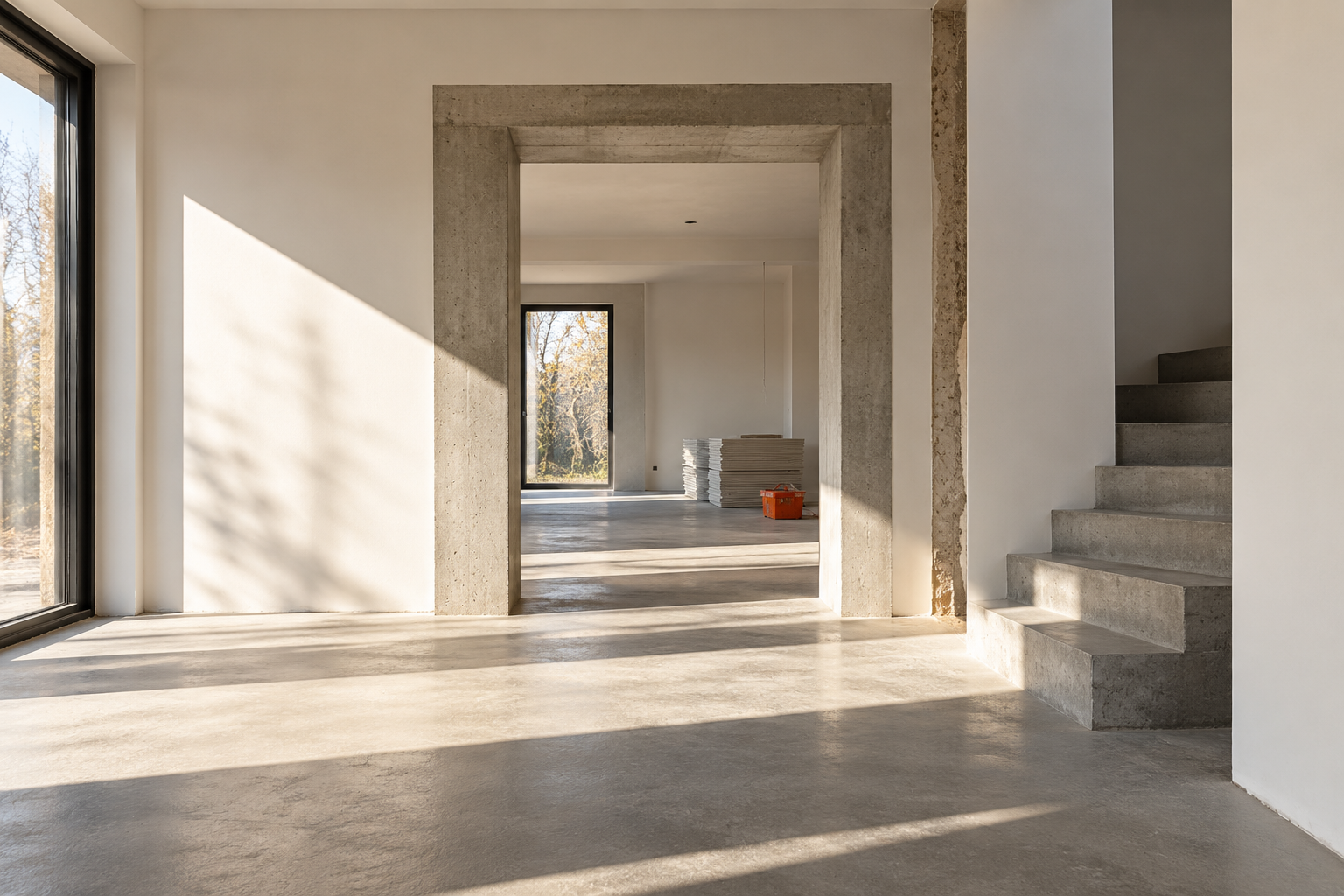 Heller Innenraum mit klaren Wänden und sichtbaren Betonoberflächen als Inspiration für einen modernen Ausbau